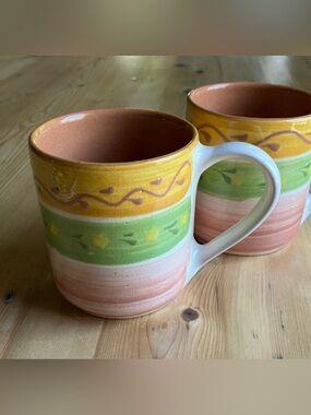 Mesa International 2 Mugs Stripe Floral Yellow Green Pink Handcrafted